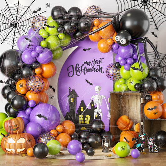 Halloween Balloon Garland Arch Kit with Big Spider DIY Balloons, 131 Pcs Black Orange Lime Green Purple Confetti Latex Balloons Arch with 3D Bats & Spider Web for Halloween Party Decorations Supplies