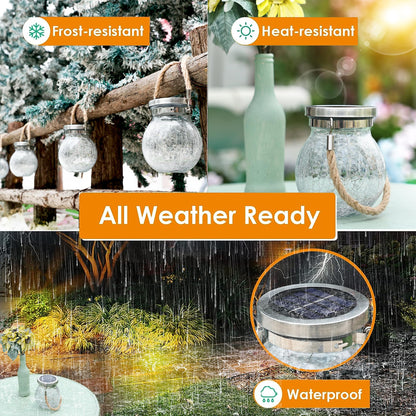 Cooo 6 Pack Heavy Crackle Glass Solar Lantern with 30 LED Firefly Lights– Waterproof Outdoor Hanging Lamp 215% Larger Solar Panel, Stainless Steel Lid Decorative Lighting for Garden Patio Table