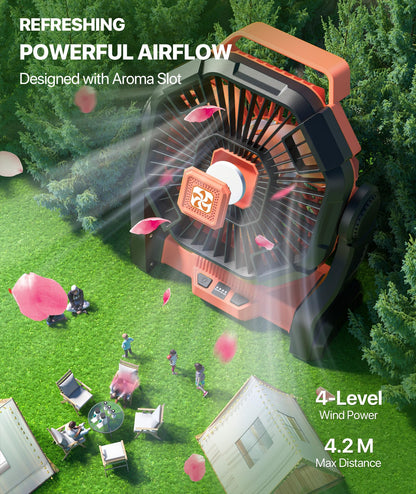 Doviluxe Camping Fan Battery Powered -12000mAh Portable Rechargeable Fans Light, Battery Operated Fan for Camping Hook 4 Speed Quiet Cordless USB Personal Cooling for Desk Home Beach Tent BBQ