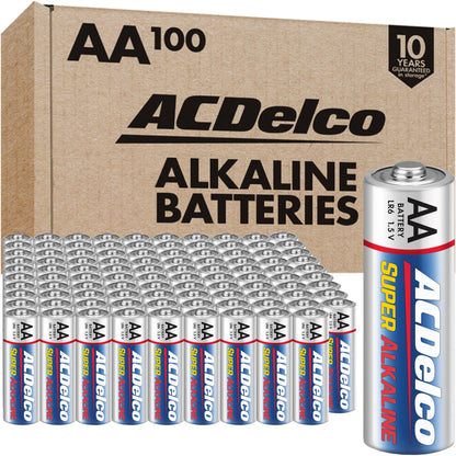 ACDelco 100-Count AA Batteries, Maximum Power Super Alkaline Battery, 10-Year Shelf Life, Reclosable Packaging
