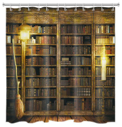 LB Witch Shower Curtain Magic Book Shelf Flying Broom Shower Curtains for Bathroom Magical Wood Cabin Halloween Bathroom Curtain,72x72 Inches Waterproof Fabric Shower Curtain Set with Hooks