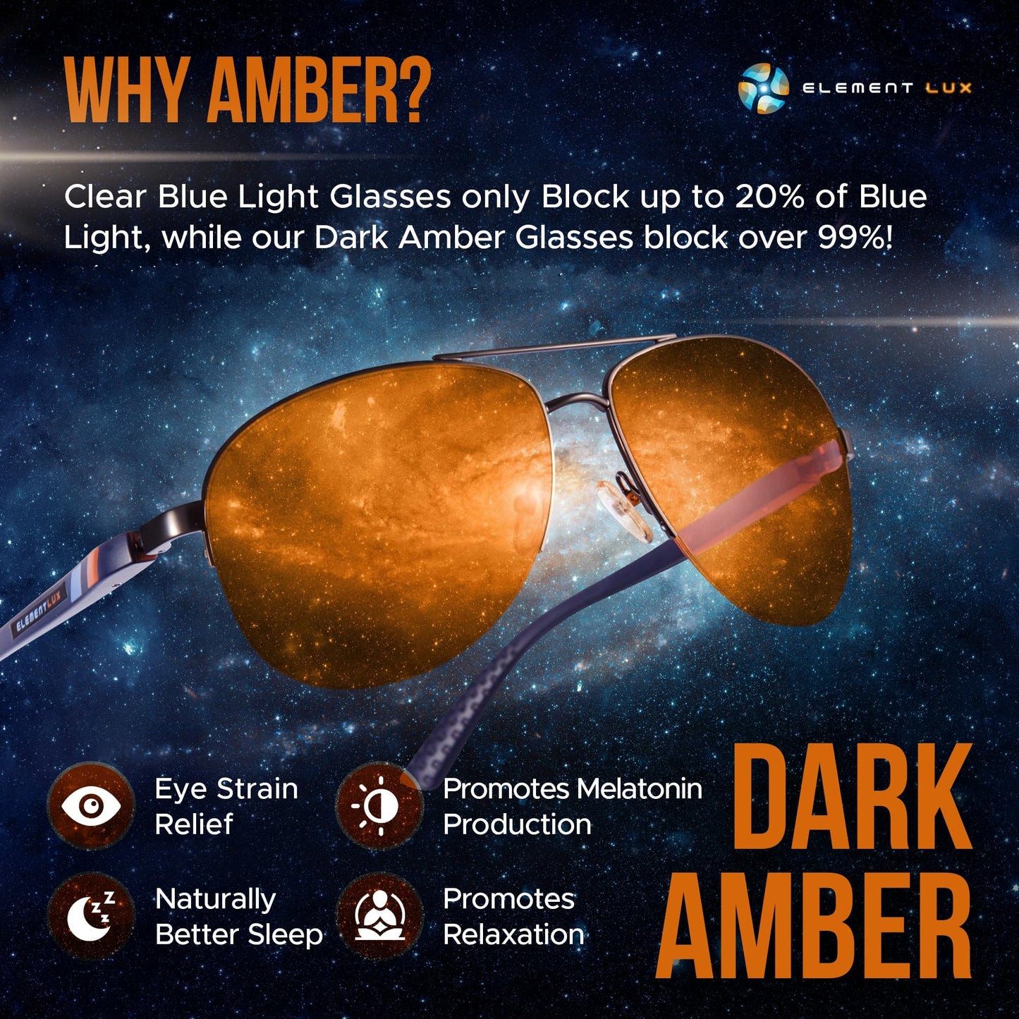 ELEMENT LUX Blue Light Blocking Glasses | 99% Dark Amber Lenses | For Better Sleep, Gaming, Computer Screen, Eyestrain Relief