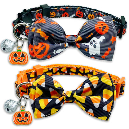 2 Pack Halloween Cat Collar with Bell, Holiday Jack-O-Lantern and Candycorn Collar for Kitty Kitten Male Female Cats (Jack-O-Lantern/Candycorn)