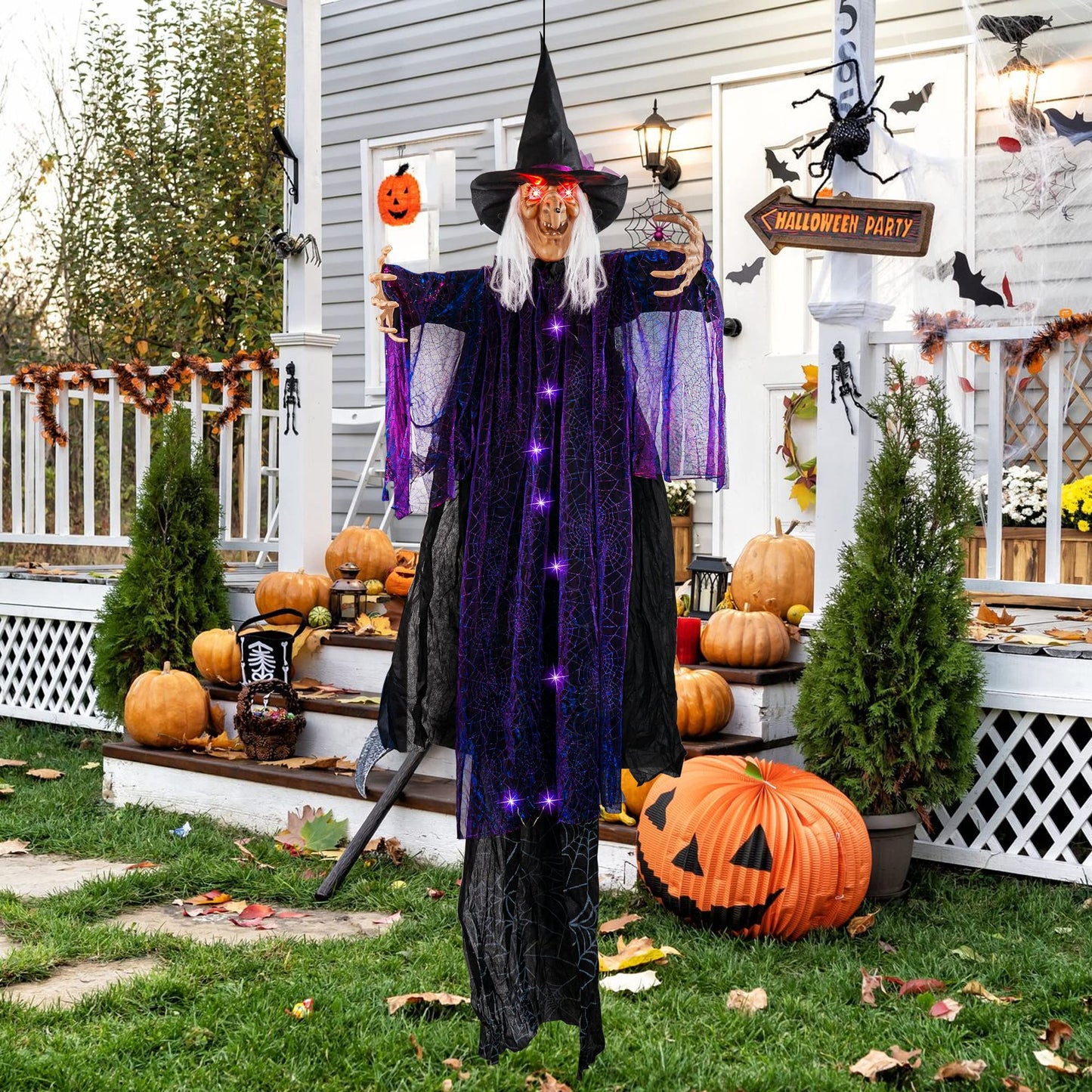 FUNPENY 6 FT Hanging Witch Outdoor Halloween Decorations, Light Up Hanging Witch with Sound Activation for Halloween Haunted House Props Party Supplies Yard Outdoor Indoor Decor