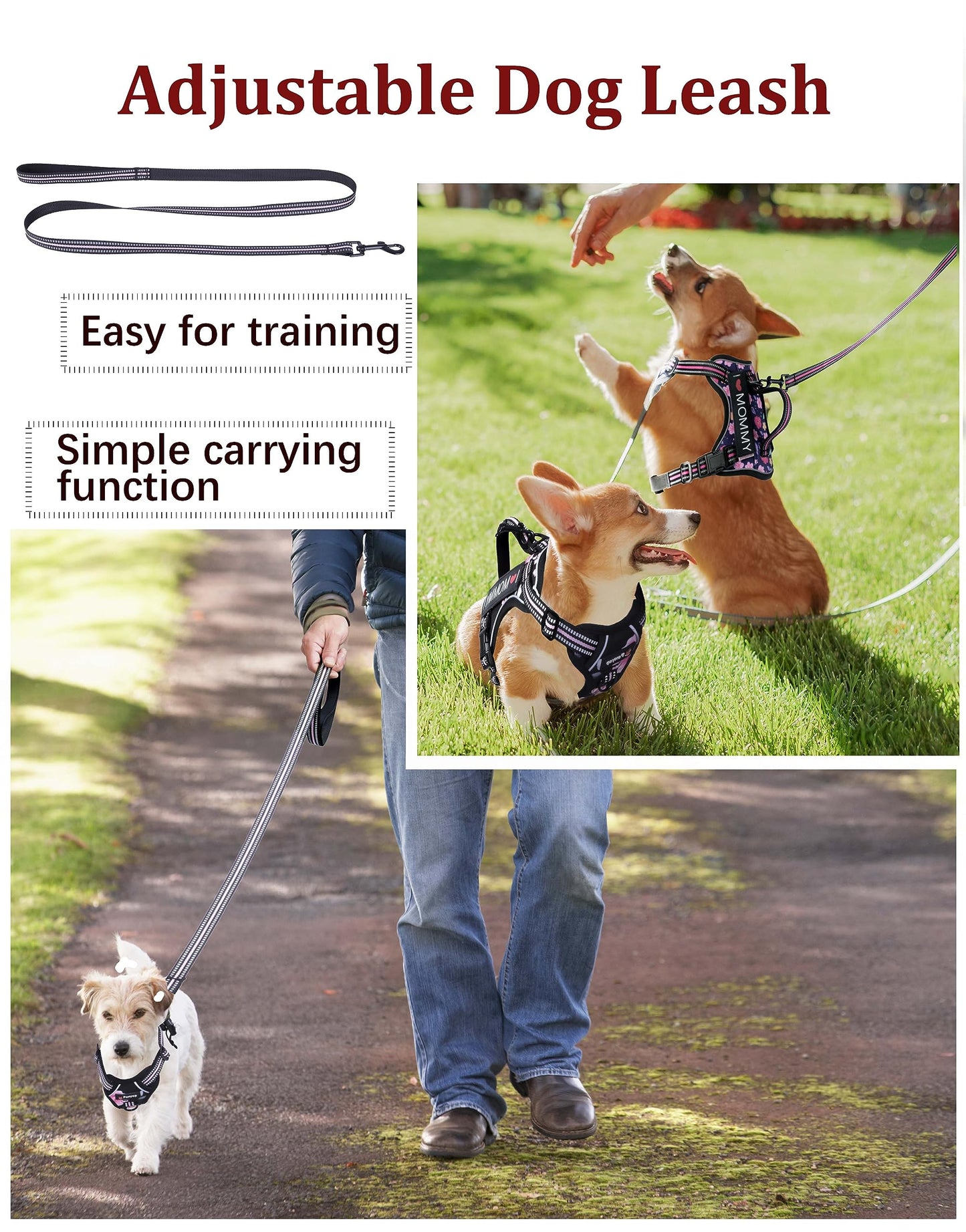 Foxyep Tactical Dog Harness,Working Dog MOLLE Vest with Handle for Medium Dogs No Pull Adjustable Pet Harness Reflective Strapwith Dog Leash Set(M,Blue Floral)