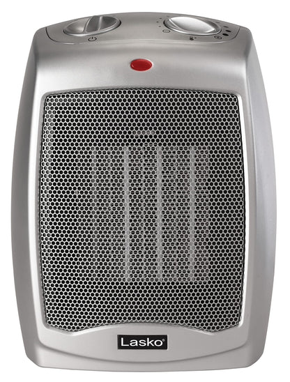 Lasko Desktop Electric Ceramic Space Heater with Adjustable Thermostat, 2 Heat Settings and Fan Only Mode, 9.2 Inches, Silver, 754200