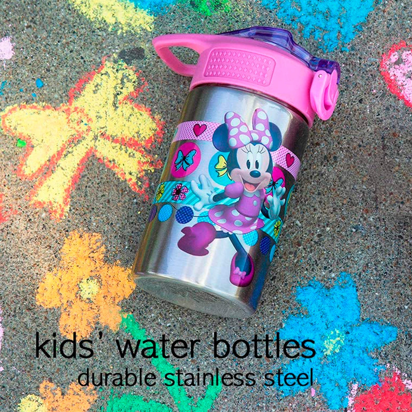 Zak Designs Disney Minnie’s Happy Helpers - Stainless Steel Water Bottle with One Hand Operation Action Lid and Built-in Carrying Loop, Kids Water Bottle with Straw Spout (15.5 oz, 18/8, BPA Free)