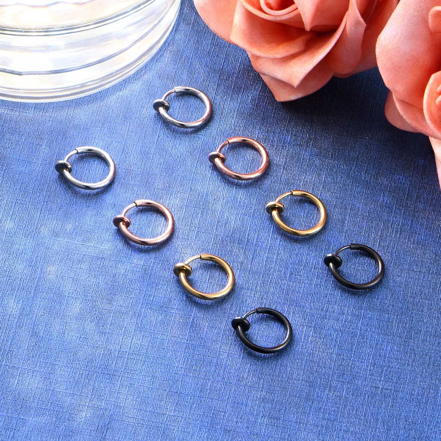 FECTAS 8pcs Fake Nose Lip Earring Ring Hoop Stainless Steel Non Pierced Clip On Piercing Body Jewellery