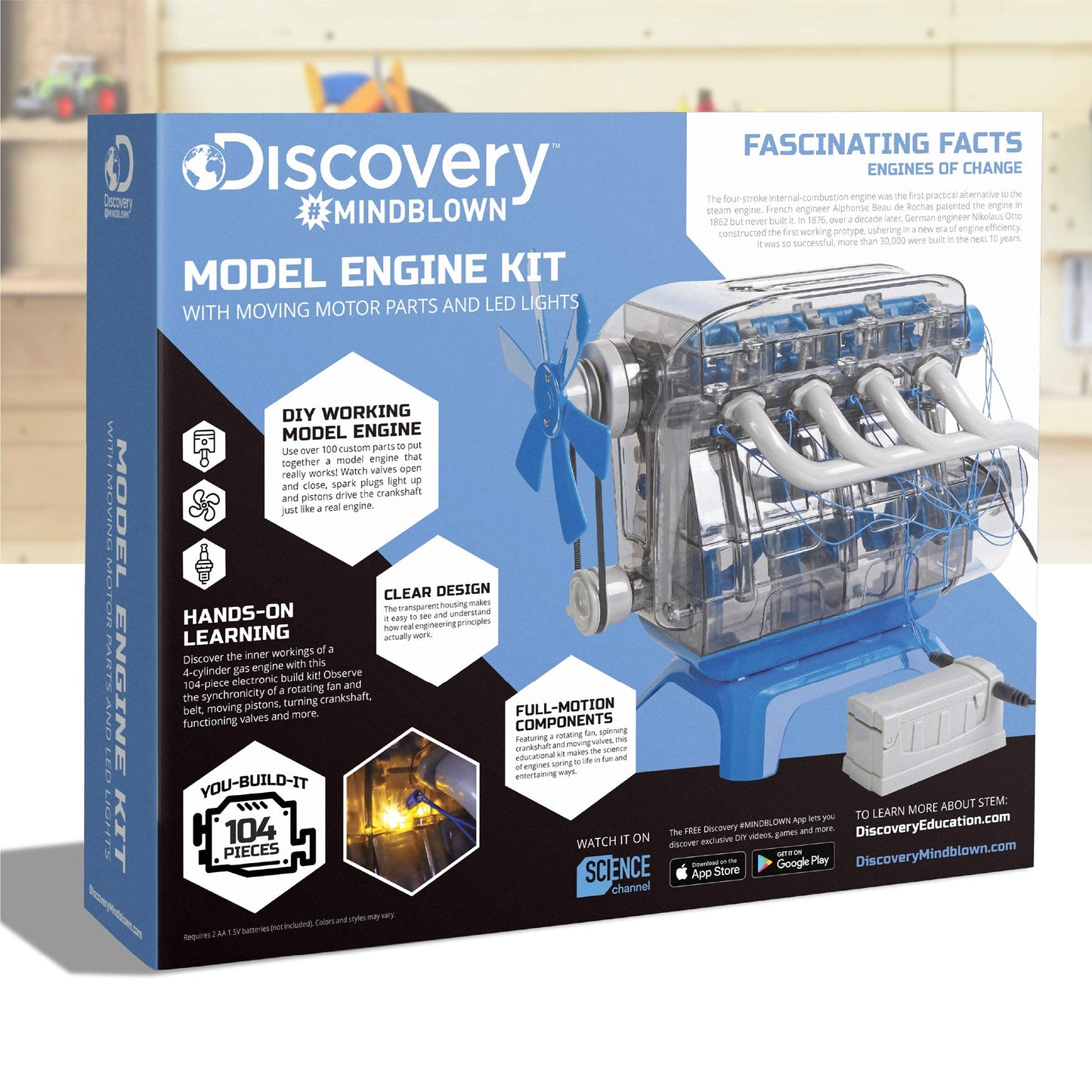 Discovery Model Engine Building Kit, DIY 4-Cylinder Combustion Engine, Working Pistons Fan Valves Belts LED Lights, STEM Mechanic Engineering Construction Experiment Set, Kids & Adults Gift