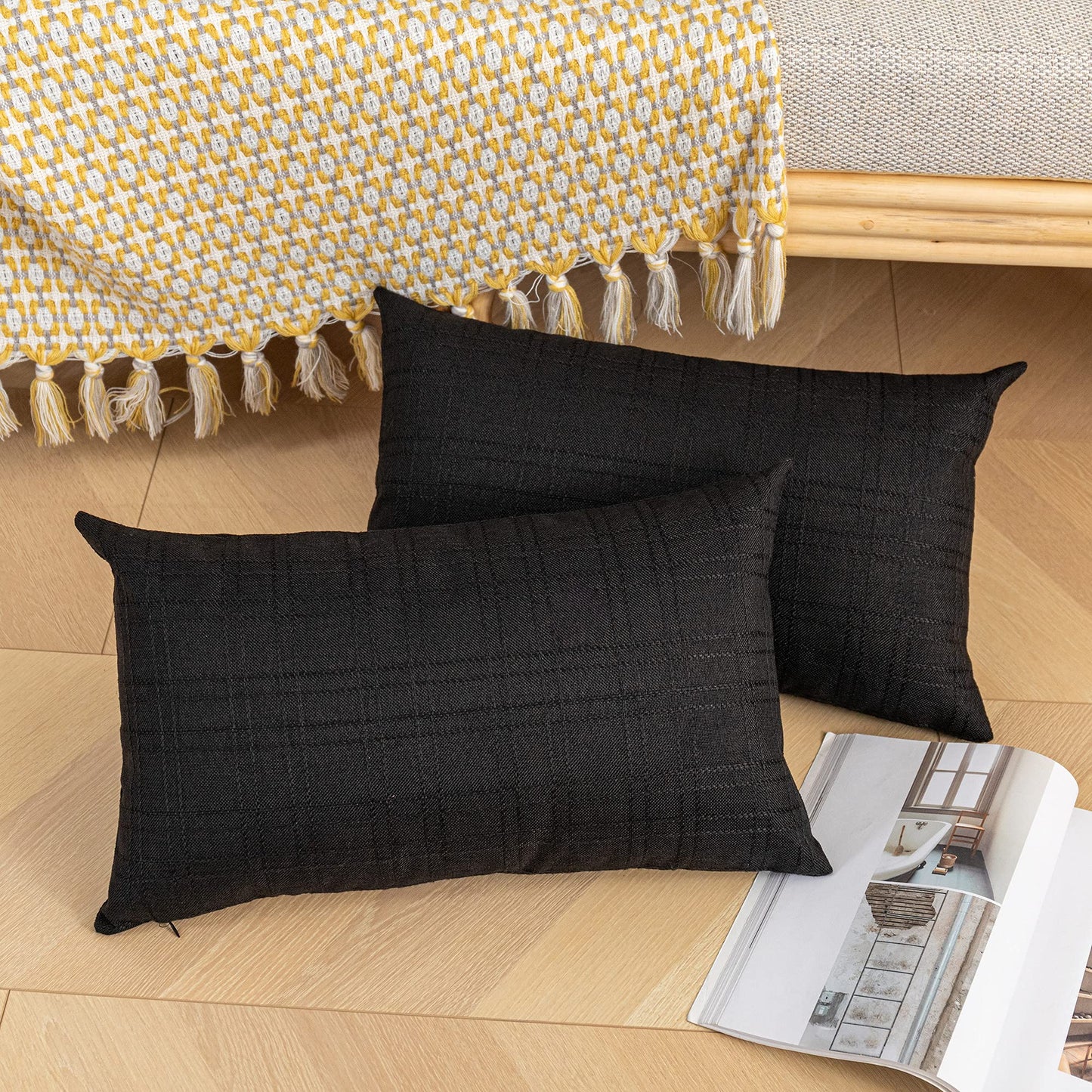 Kevin Textile Pack of 2 Decorative Outdoor Waterproof Throw Pillow Covers Checkered Lumbar Pillowcases Classic Cushion Cases for Patio Couch Bench 12 x 20 Inch Black