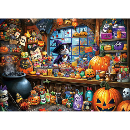 Halloween Witch Cat 1000 Piece Puzzle for Adults Halloween Candy Store Jigsaw Puzzle Spooky Treats Scene Challenging Impossible Puzzle Fun Games for Adults & Family Game Night
