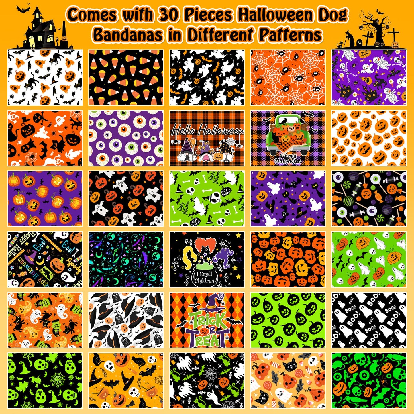 30 Pcs Halloween Dog Bandanas Bulk Adjustable Dog Scarves Bibs Pumpkin Bat Ghost Puppy Bandanas Pet Neckerchief Washable Holiday Halloween Bandanas for Small Medium Large Dog Pet Grooming Accessories