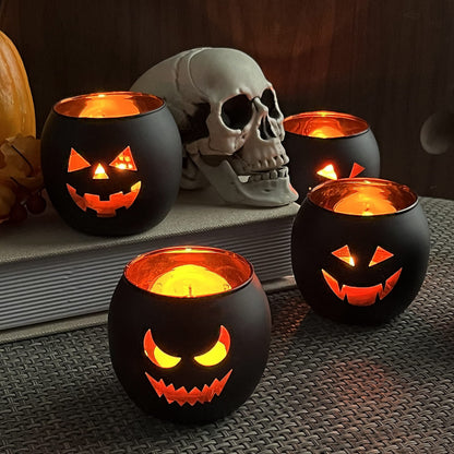Halloween Table Decor Set of 6, Jack O Lanterns Black Glass Votive Tealight Candle Holders, Halloween Decorations Indoor Party Mantel Coffe Table Centerpiece Decor