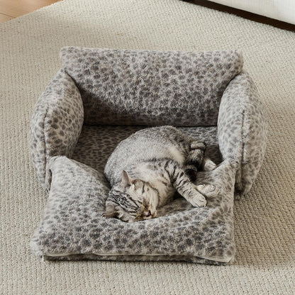 Hollypet Cat Bed Fluffy Plush Mutifuctional Double-Layer Soft Pet Couch Orthopedic Sofa Nest Beds for Small Cats and Dogs, Snow Leopard (21x15x8 inch)