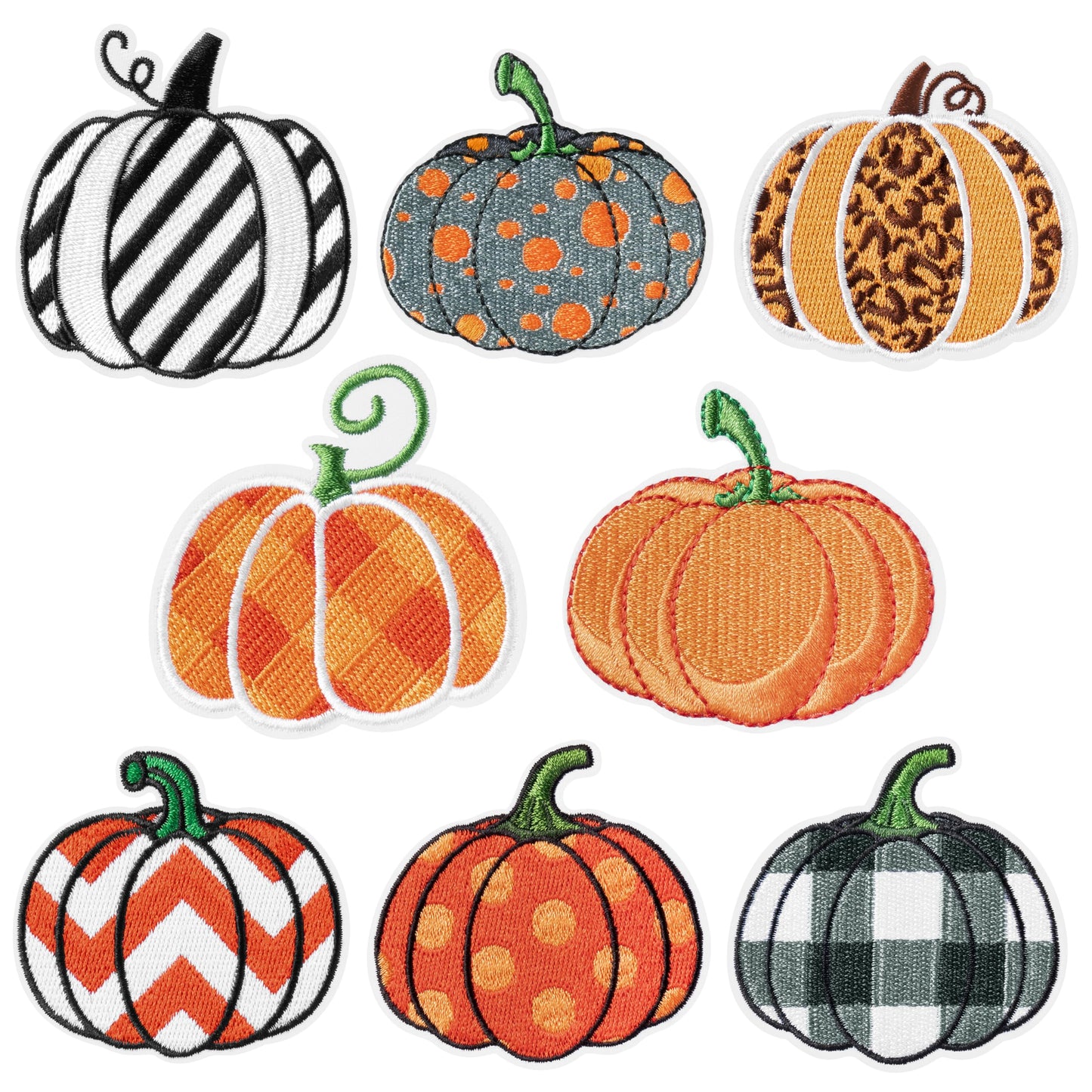 Kirako 8Pcs Pumpkin Iron on Patches Fall Thanksgiving Buffalo Plaid Leopard Stripe Dot Sew on Repair Embroidered Applique Autumn Harvest Halloween DIY Craft Accessories Gifts for Clothing Backpack Hat