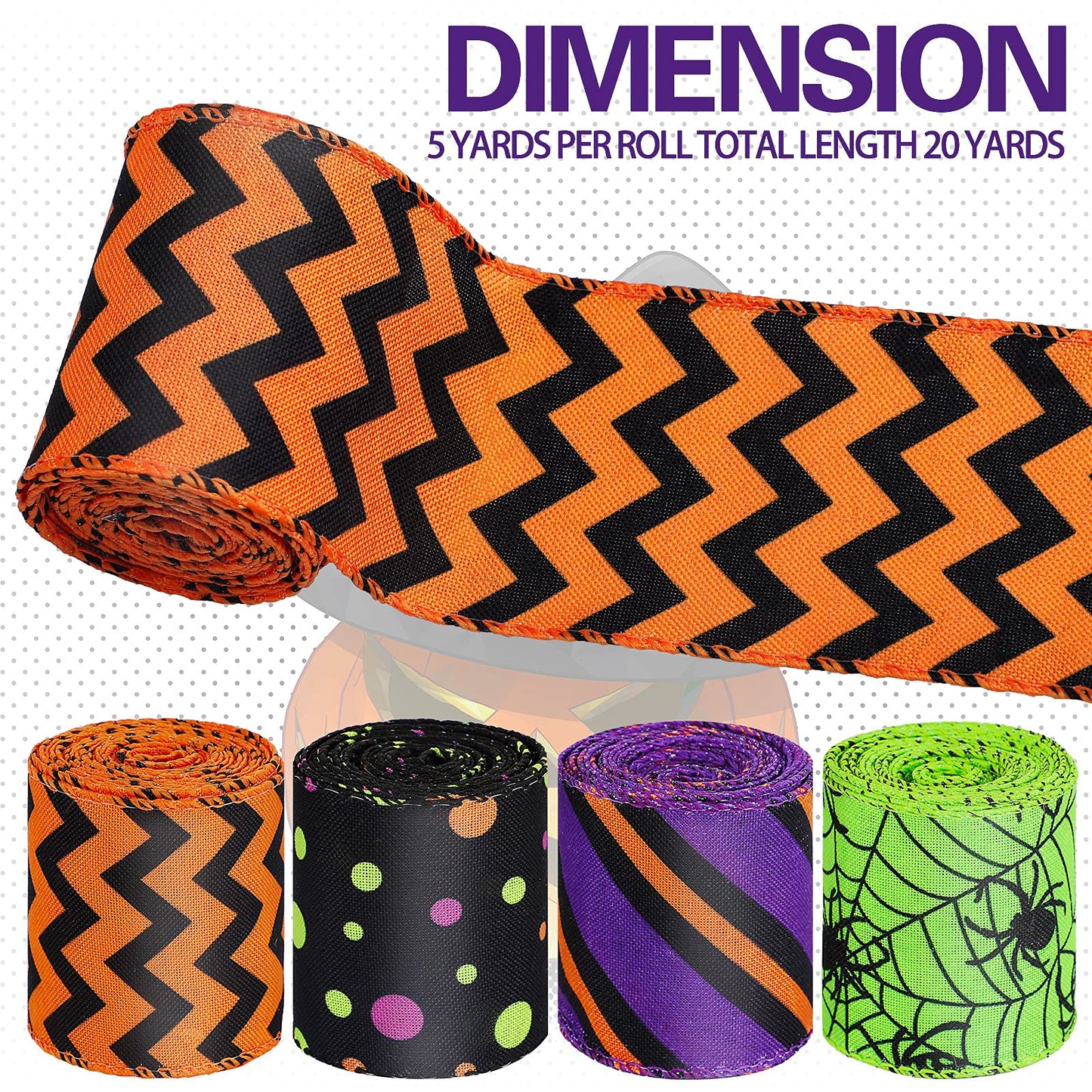 4 Rolls 20 Yards Halloween Wired Edge Ribbon Spider Web Printed Grosgrain Ribbons Halloween Theme Holiday DIY Craft Wrapping Ribbon for Home Party Decor