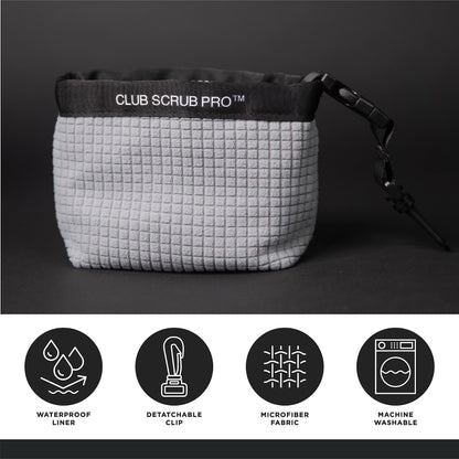 Club Scrub Golf Club and Golf Ball Cleaning Bag, Waterproof Clean Face Technology Liner, Perfectly Dry Microfiber Exterior, Detachable Clip, Machine Washable, Cleans Club Grooves, Gray Pro