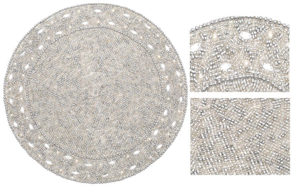 13" Round Beaded Placemat - Handcrafted Glass Beads in White Silver - Luxury Dining Table Decor, Wedding & Housewarming Gift, Holiday Use Pack of 1 by ALPHA Living HOME