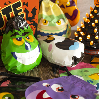 JOYIN 60PCS Halloween Drawstring Treat Bags, Trick or Treating Goodie Candy Small Plastic Gifts Bags Bulk in 12 Cute Monster Designs, Kids Halloween Party Favors Supplies