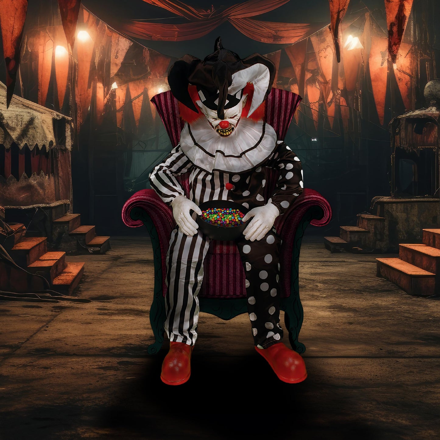 Haunted Hill Farm Hartley The Sitting Scare Clown by Tekky, Motion-Activated Talking Jump-Scare Halloween Animatronic for Halloween Party Prank Decoration, Plug-in or Battery Operated Halloween Props