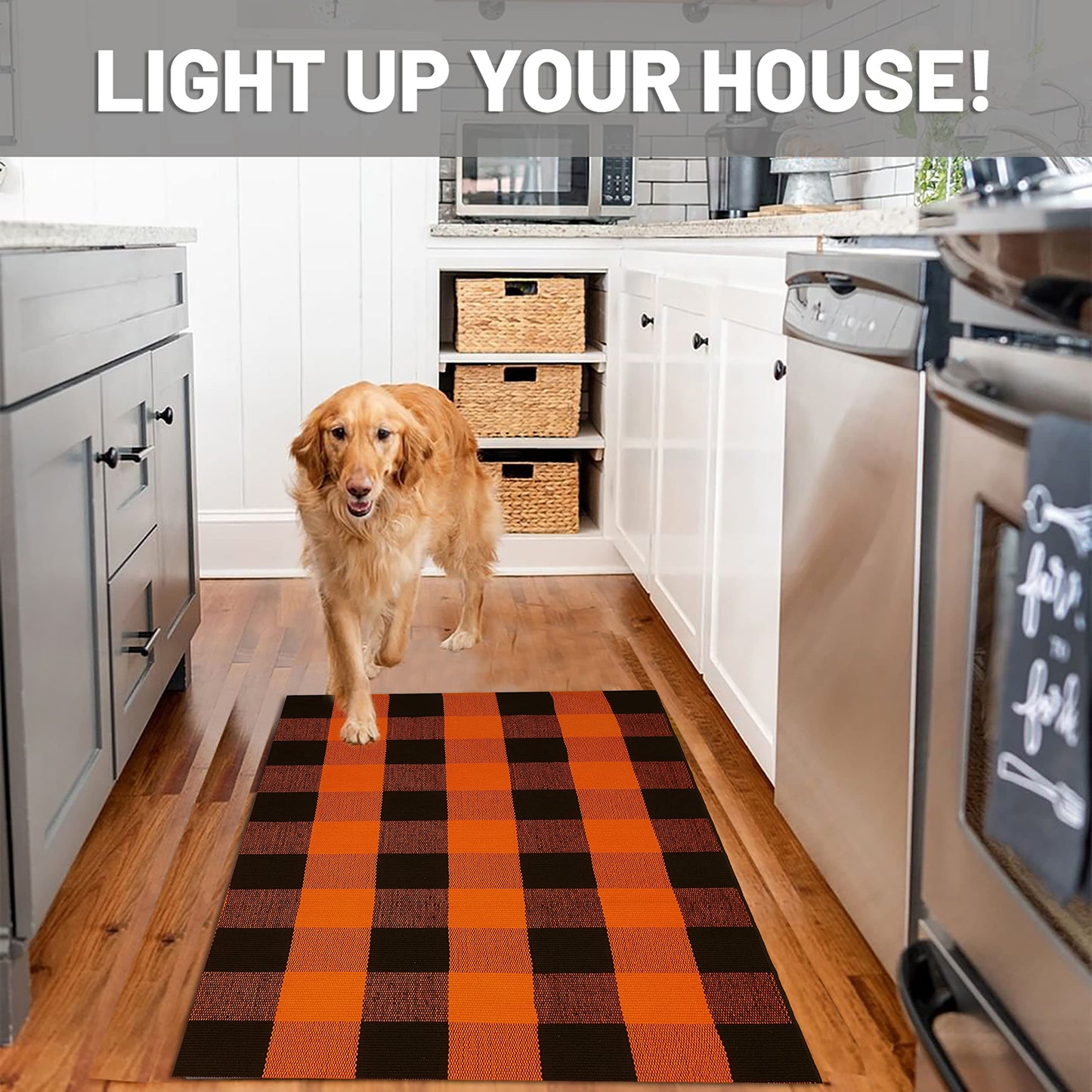 IOHOUZE Fall Buffalo Plaid Check Rug Outdoor Doormat 27.5 x 43 Inches Washable Woven Outdoor Indoor Welcome Mats for Front Door/Farmhouse/Entryway/Home Entrance Black and Orange Outdoor Rug