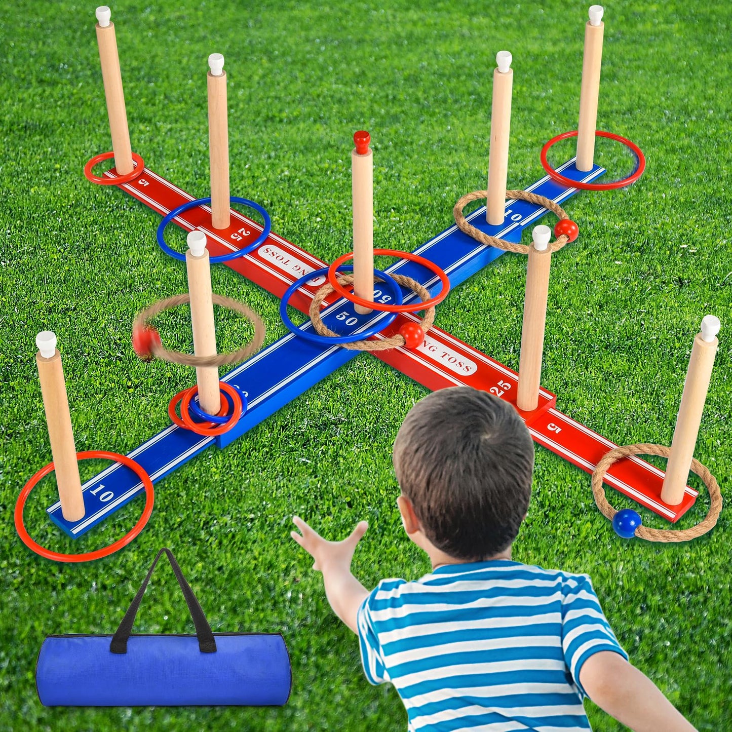 FunforFun! Outdoor Games for Kids 3-12 Upgraded Large Wooden Ring Toss Game with 30 Rings Party Yard Game for Family Outside Toys for 10 11 12 13 14 Years Old Boys Gifts
