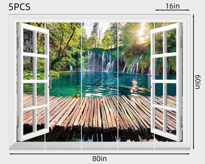FLFK Fake Window Wall Mural - Waterfalls in The Jungle Faux Window Wall Sticker for Wall Decor, Stick and Peel Wall Decals,80"x60",Set of 5 Sheets