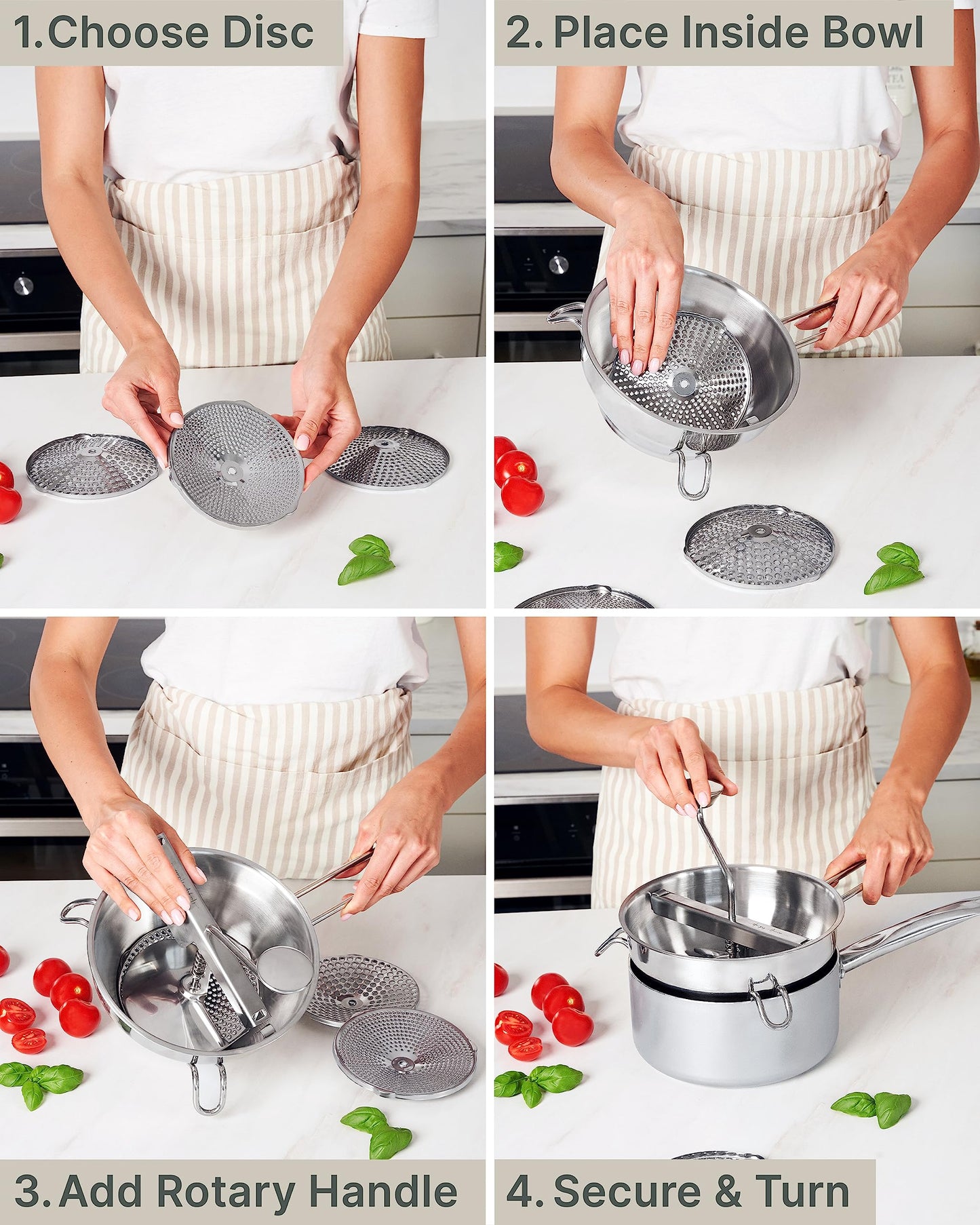 Ergonomic Food Mill Stainless Steel With 3 Grinding Discs - Rotary Food Mill for Tomato Sauce, Applesauce, Puree, Mashed Potatoes, Jams, Baby Food