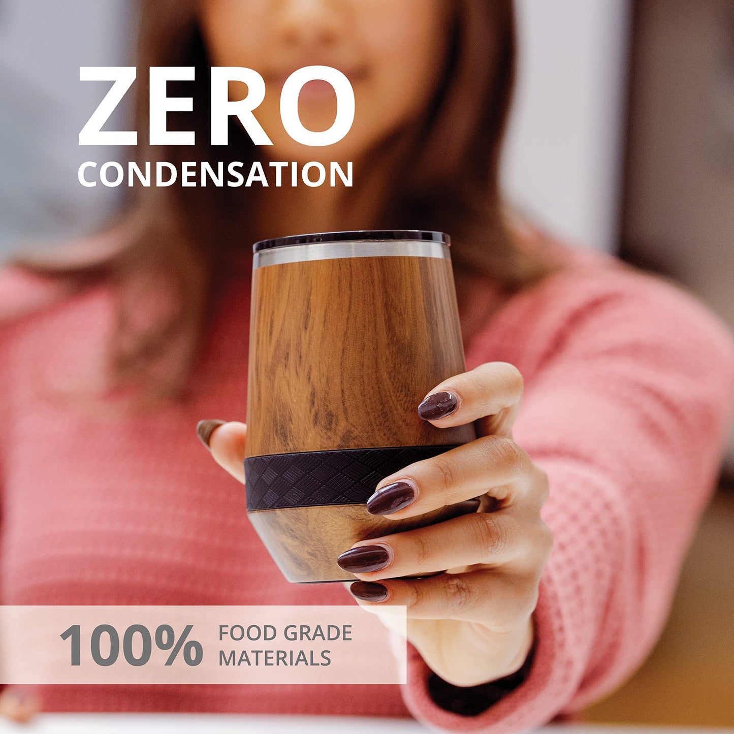 Elemental Recess Wine Tumbler - Triple Wall Insulated Stainless Steel Coffee Mug for Hot & Cold Drinks - Portable Cup with Shatterproof Sip Lid for Camping, Outdoor & Travel - 10oz - Teak Wood