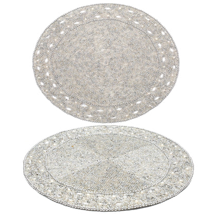 13" Round Beaded Placemat - Handcrafted Glass Beads in White Silver - Luxury Dining Table Decor, Wedding & Housewarming Gift, Holiday Use Pack of 1 by ALPHA Living HOME