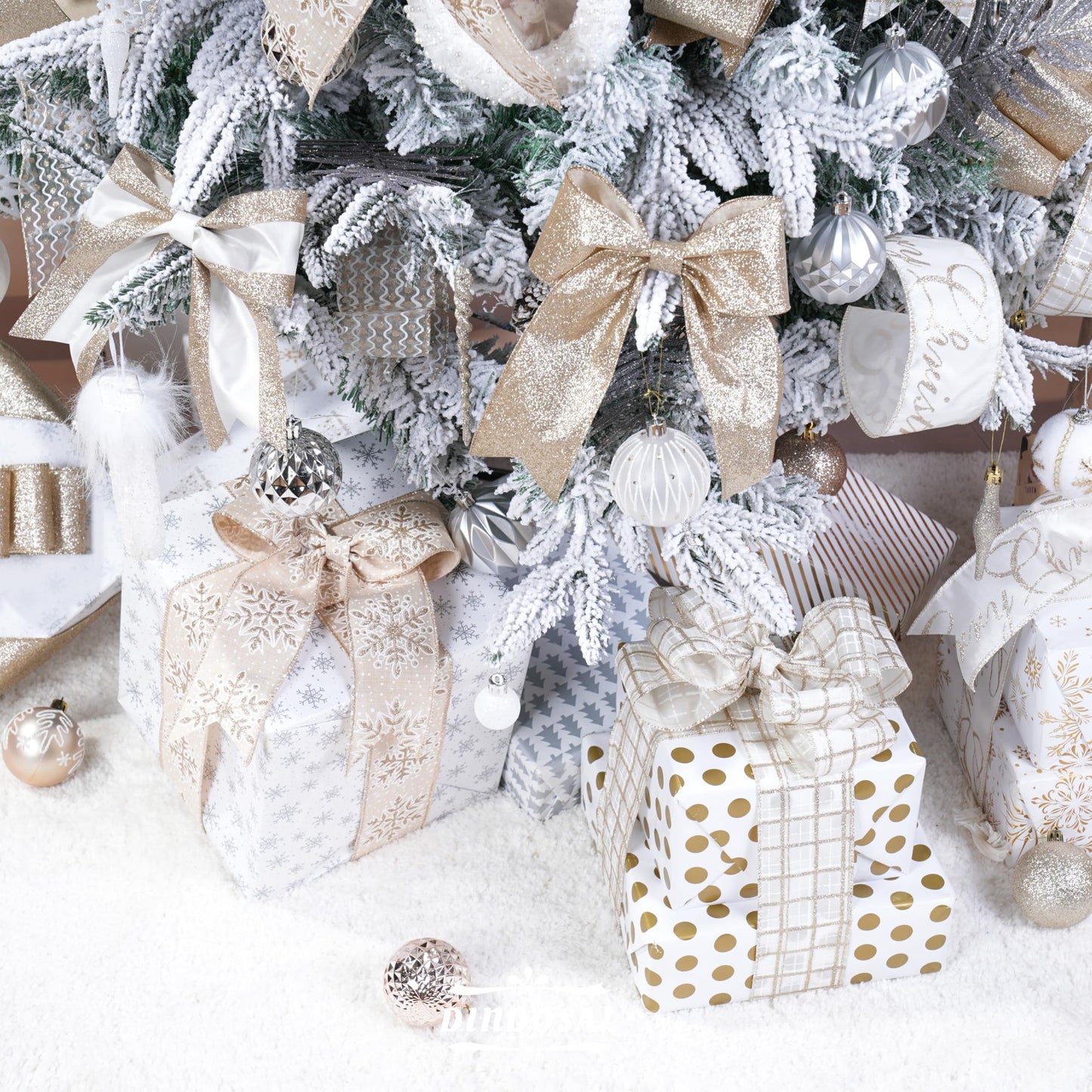 DINDOSAL Champagne Christmas Ribbon Wired 2.5 Inch, 6 Rolls 36 Yards Glitter Champagne Gold Christmas Tree Ribbon for Garland, Wreaths, Bows, Ribbon for Christmas Decor