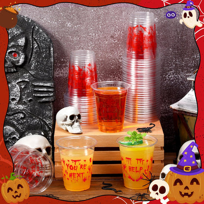FoldTier 50 Pcs Plastic Halloween Bloody Cups - 12 oz Clear Disposable Drinking Cups for Home Halloween Theme Party Supplies Decoration (Blood Print)