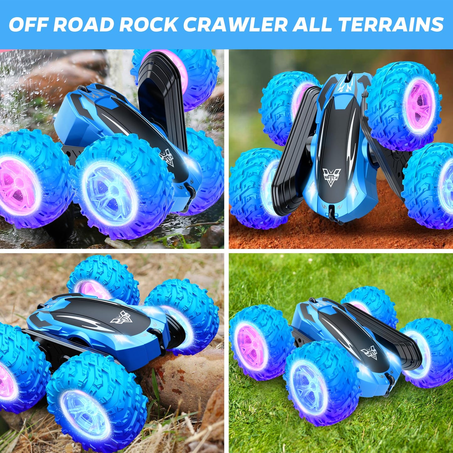 KKONES Remote Control Car, 2.4GHz Double Sided 360° Flips Rotating Electric Race RC Stunt Car, LED Wheel & Headlight High Speed Off Road Cars Toy Gift for 3 4 5 6 7 8-12 Year Old Boy Toys (Blue)