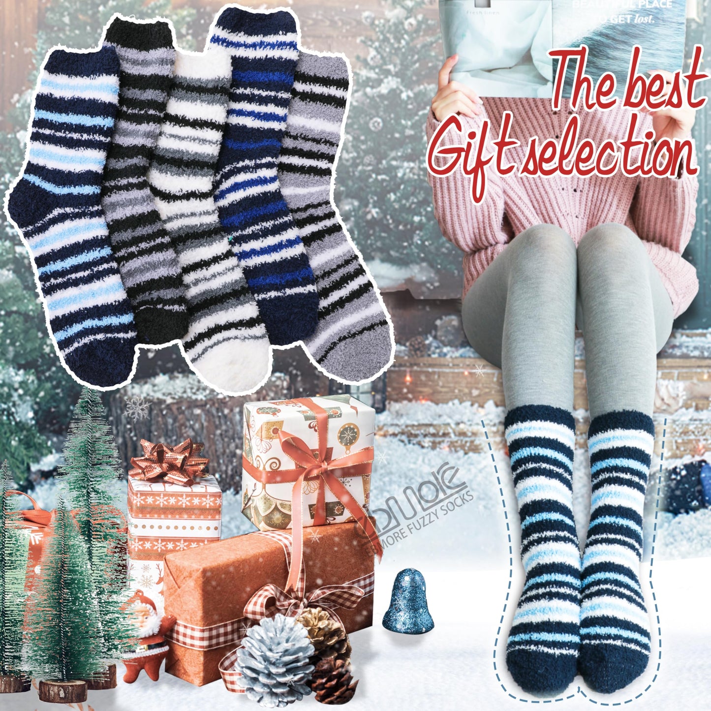 EBMORE Fuzzy Socks - Men & Women's Fluffy Warm Winter Thick Cozy Slipper Cabin Soft Stocking Stuffers Socks (Dark Stripes)