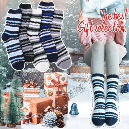 EBMORE Fuzzy Socks - Men & Women's Fluffy Warm Winter Thick Cozy Slipper Cabin Soft Stocking Stuffers Socks (Dark Stripes)
