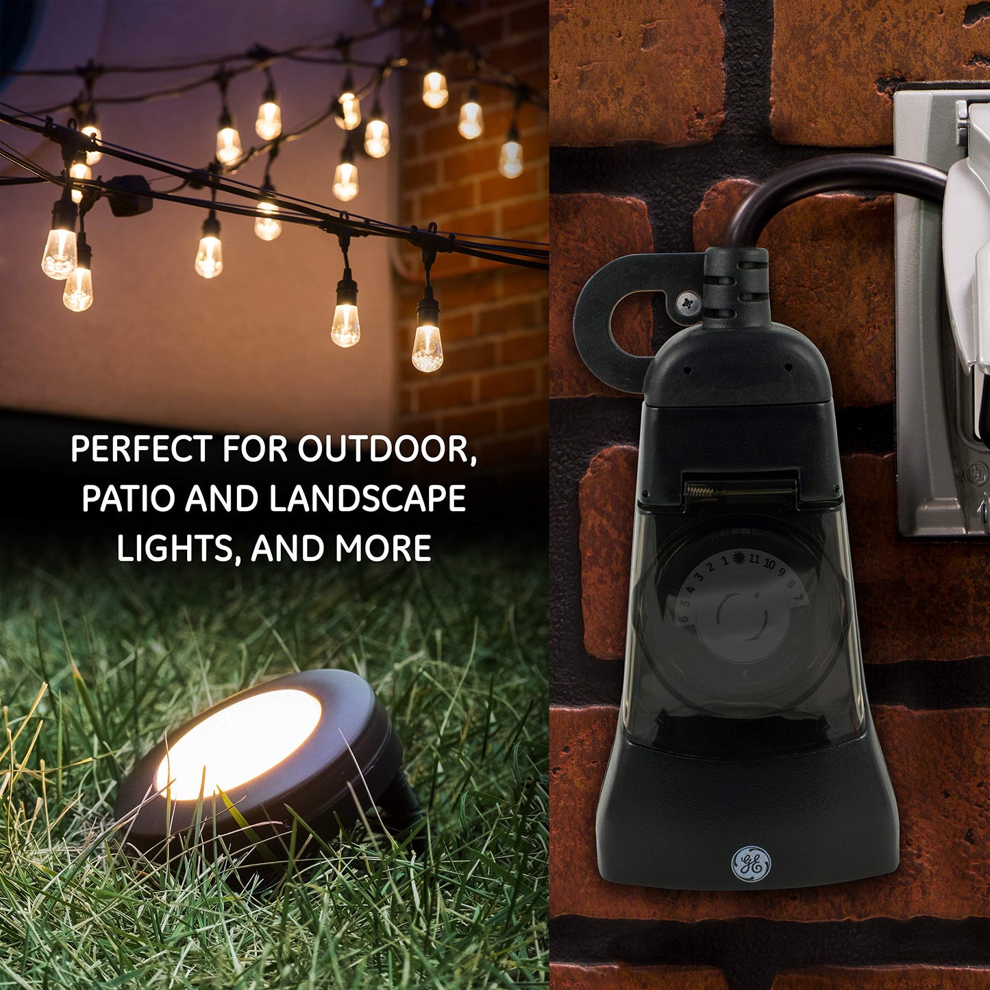 GE 24-Hour Heavy-Duty Outdoor Mechanical Timer, 2 Grounded Outlet Timer, Programmable Daily Cycle, 30-Minute Interval Outdoor Timer, Weather Resistant, Outdoor Light Timer, Black, 1 Pack, 15138