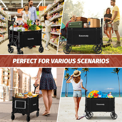 Eusuncaly Collapsible Wagon with Wheels, Wagons Carts Foldable, Heavy Duty Folding Utility Cart for Grocery, Camping, Shopping, Sports, Garden, Fishing, Black