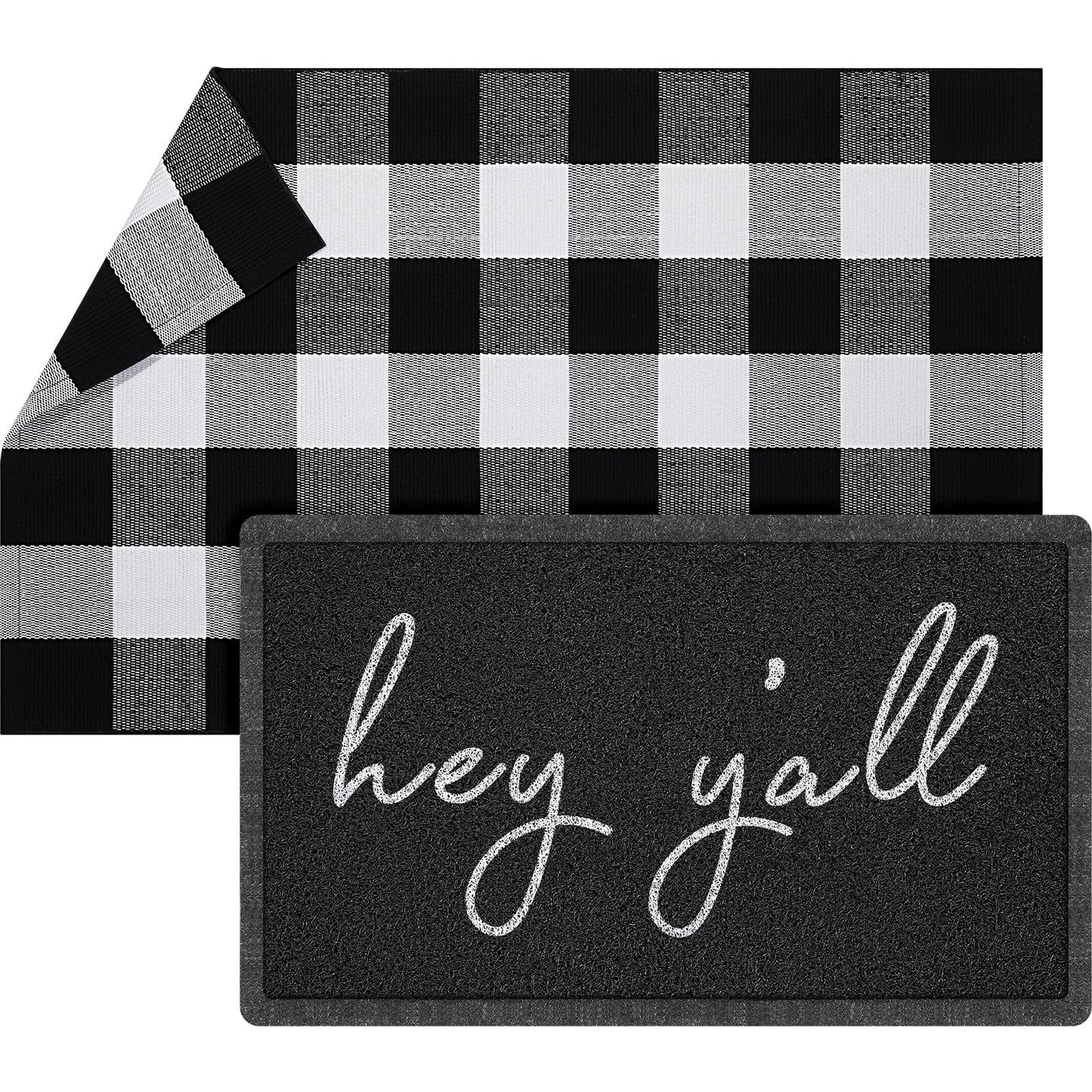 Geelin 2 Pcs Hey Y'all Welcome Mat 30'' x 18" and 43'' x 27.5'' Black White Buffalo Plaid Checkered Rug Layered Front Door Mat for Indoor Outdoor Entrance Home Coir Doormats Decor