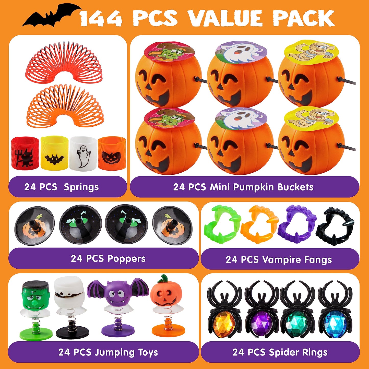 JOYIN 144 PCS Halloween Toy Gifts for Kid Trick or Treating, 24 Pack Prefilled Mini Pumpkin Buckets with Spider Ring, Popper, Spring, Vampire Teeth and Spinning Top, Halloween Party Favors Supplies
