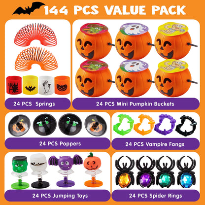 JOYIN 144 PCS Halloween Toy Gifts for Kid Trick or Treating, 24 Pack Prefilled Mini Pumpkin Buckets with Spider Ring, Popper, Spring, Vampire Teeth and Spinning Top, Halloween Party Favors Supplies