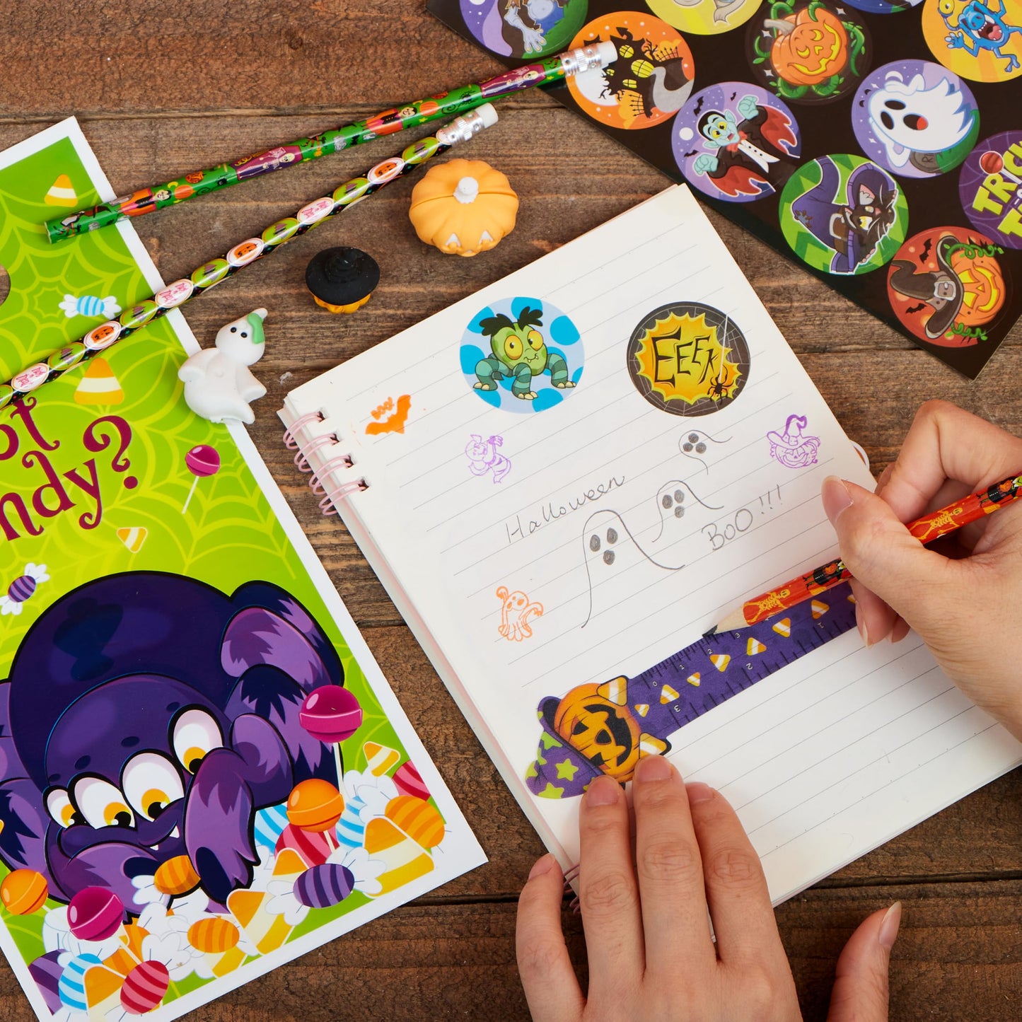 JOYIN 144 Pieces 24 Pack Assorted Halloween Themed Stationery Kids Gift Set Trick Treat Price Party Favor Toy Including Halloween Pencils, Rulers, Stickers, Stamps and Erasers in Trick or Treat Bags