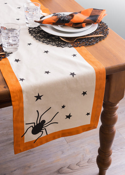 DII Halloween Tabletop Collection Bold Black Stars/Spooky Spider with Orange Border on Off-White Natural Background, Machine Washable, 14x72 Table Runner