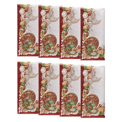 Elrene Home Fashions Holiday Turkey Bordered Fall Napkins, Seasonal Fall Cloth Napkins, 17" x 17", Set of 8
