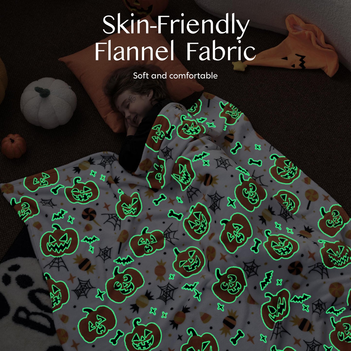 Joiedomi Halloween Blanket Soft Flannel Fleece Throw Blanket Glow in The Dark Halloween Pumpkin for Kids Bed Living Room Gifts 50"×60"
