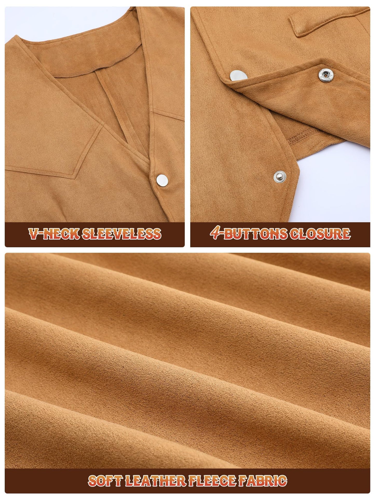 Cutecrop 4 Pcs Western Cowboy Outfits for Men Suede Leather Vest Hat Bolo Tie Belt for Western Halloween Cosplay(X-Large,Brown)