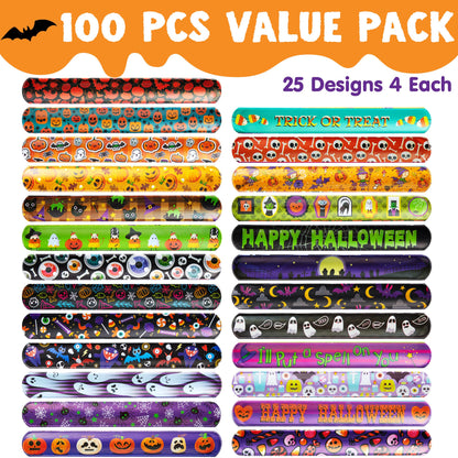 JOYIN 100 PCS Halloween Slap Bracelets for Kids, Halloween Bracelets Bulk for Girls Boys Gifts, Friendship Bracelets Snap Bracelets for Halloween Party Favors Goodie Bag Fillers