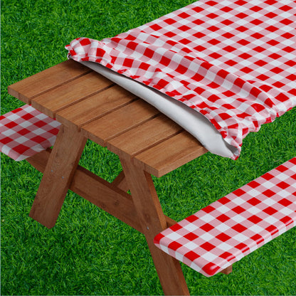 Sorfey Picnic Table Cover with Bench Covers -Fitted with Elastic, Vinyl with Flannel Back, Fits for Table 28"x 72" Rectangle,Water Proof, Checked Red Design