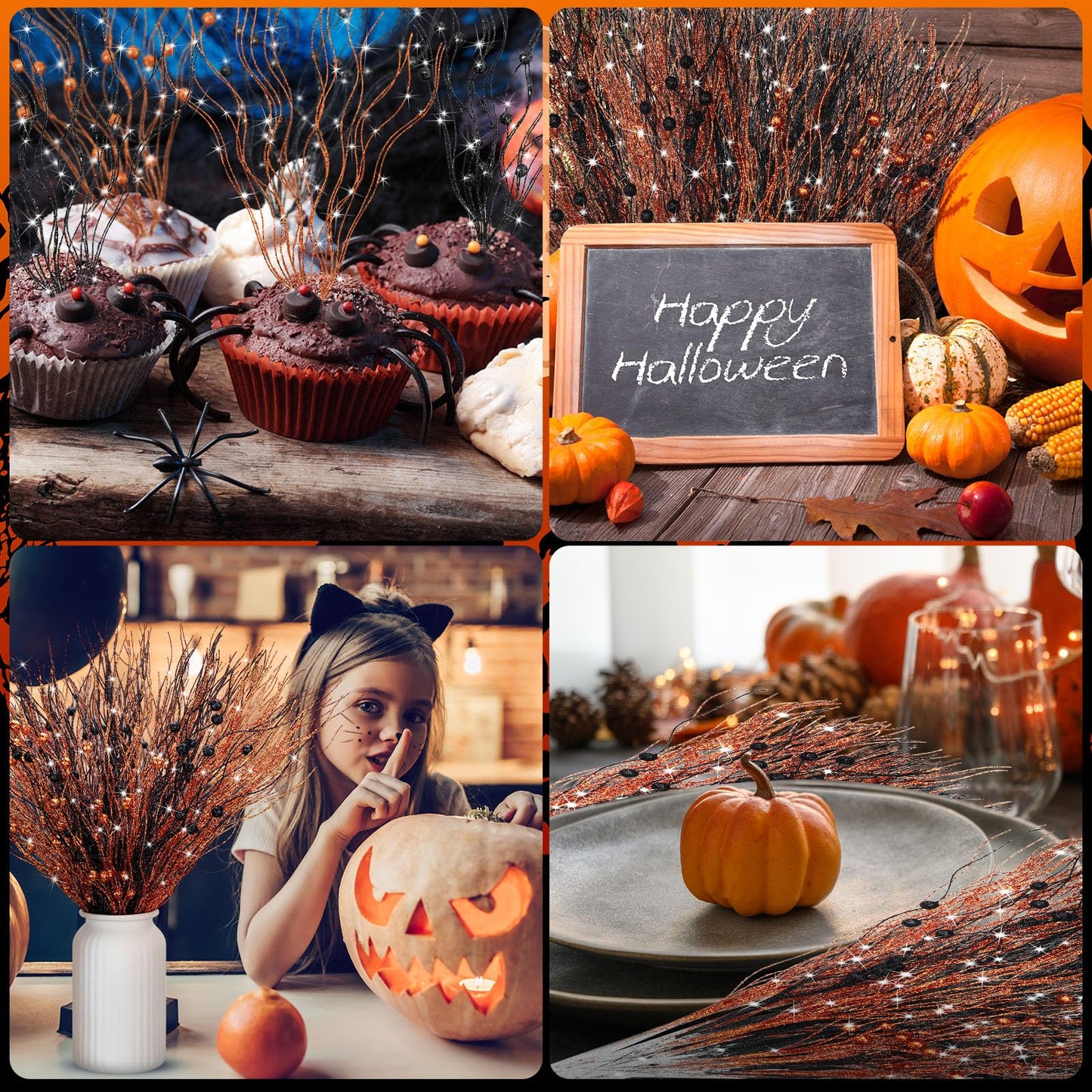 Giegxin 16 Pack Halloween Artificial Glitter Berry Stem, 17 Inches Fall and Thanksgiving Floral Picks Branches for Vase Centerpieces Labor Day Decor Holiday Ornaments(Black, Orange)