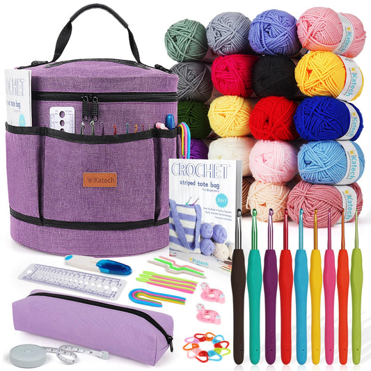 Katech Crochet Kit for Beginners, Beginner Crochet Kit for Adults and Kids Crochet Kits Includes Crochet Hooks Knitting Bag Crochet Yarn for Crocheting Instruction Knitting Kit Crochet Supplies Gift
