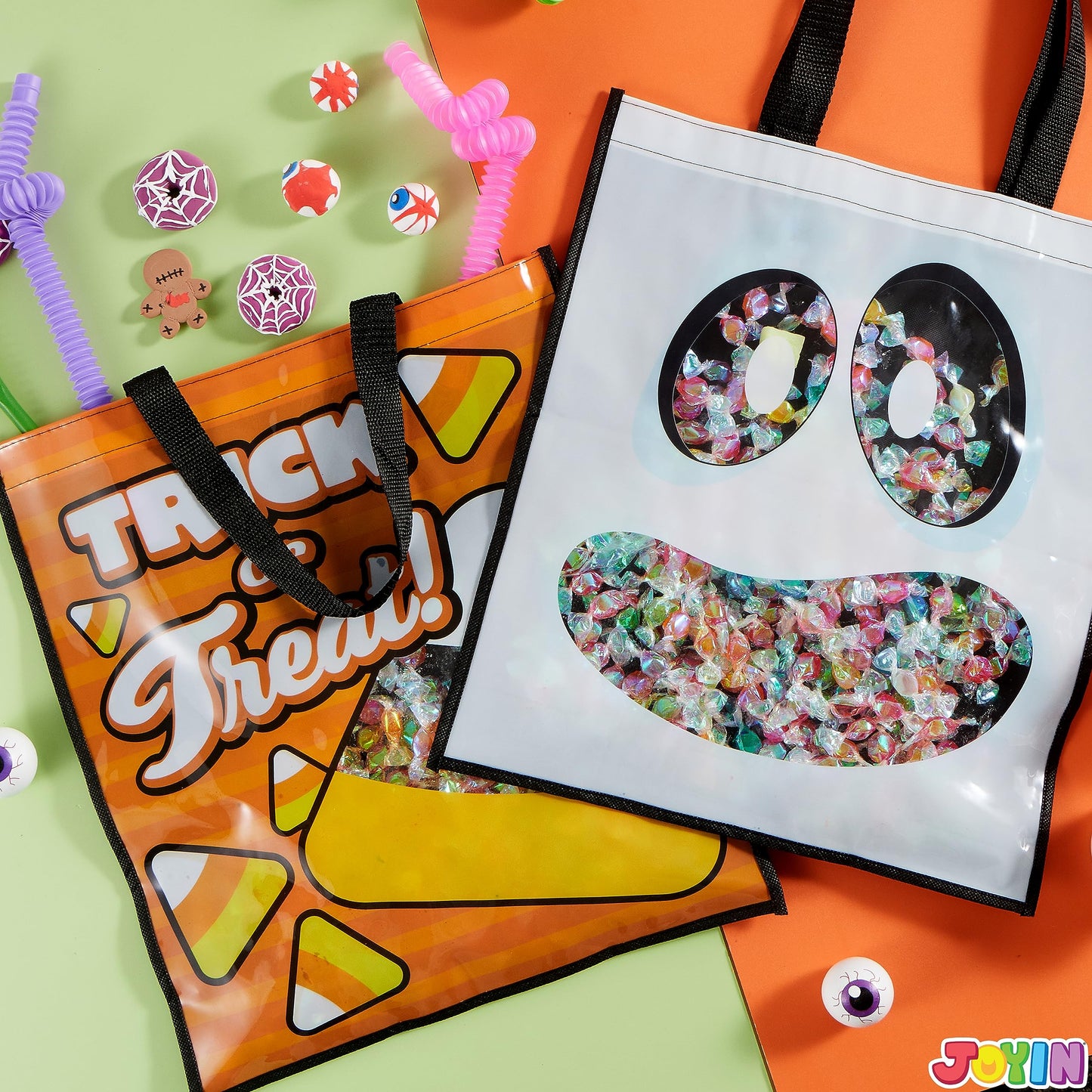 JOYIN 3 PCS Halloween Large Tote See-through Bags, 22.5” x 13.4” Halloween Goodie Candy Bags for Kids Trick or Treating, Grocery Shopping Gifts Tote with Handles, Classroom Party Favor Supplies